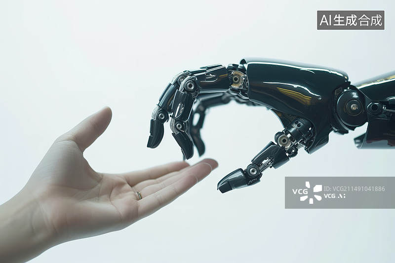 【AI数字艺术】白色背景下人与机器人触碰特写——人类拥抱人工智能技术概念图片素材