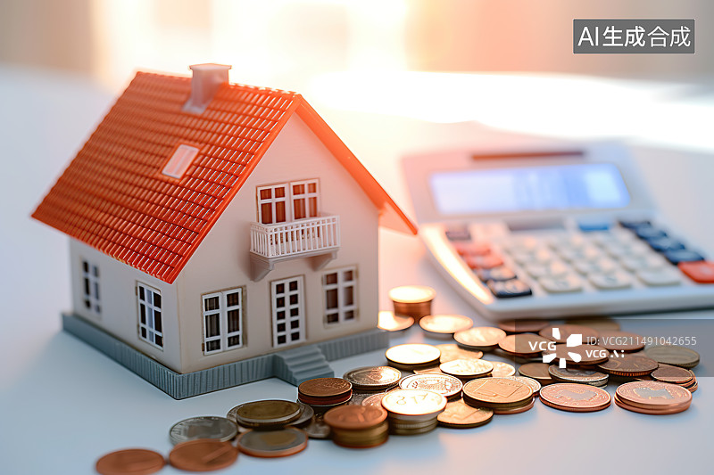 【AI数字艺术】白色背景下的房子模型、计算器、钱币——买房概念图片素材