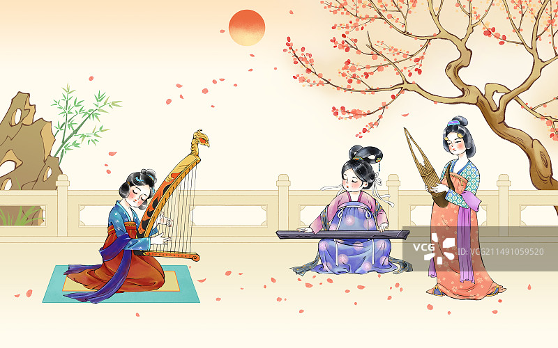手绘唐朝汉服人物舞乐团插画，古代乐师与舞者在亭台楼阁表演。图片素材