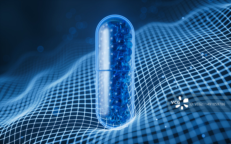 蓝色药物胶囊与科技背景三维渲染图片素材