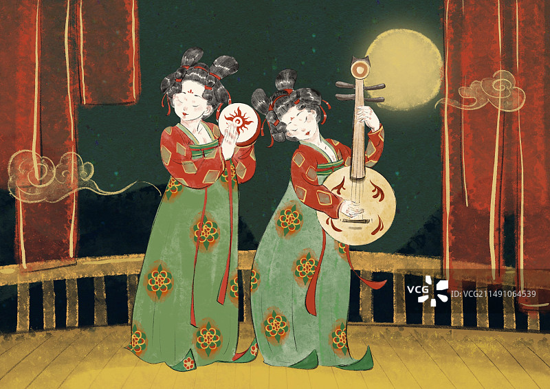 国潮风唐朝舞乐插画图片素材
