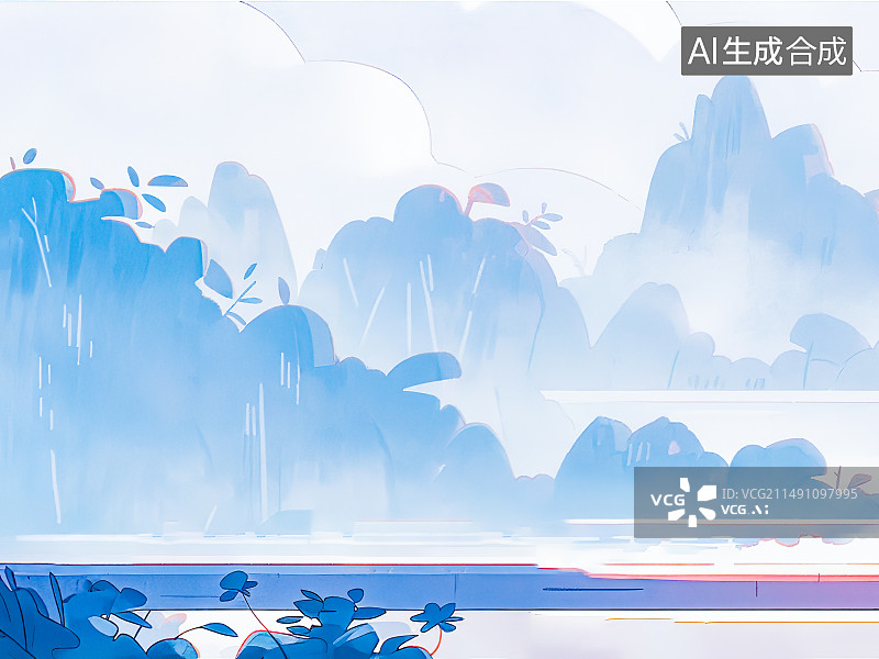 【AI数字艺术】山谷插画背景，前方有一张简易的桌子平台图片素材