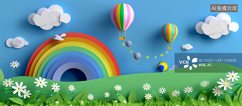 【AI数字艺术】可爱风格3D春天蓝天草坪彩虹背景图片素材