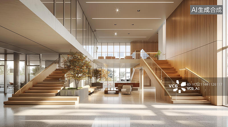 【AI数字艺术】采用木质楼梯和玻璃栏杆的办公室内部图片素材