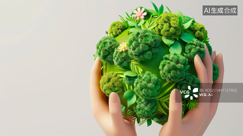 【AI数字艺术】一双手托起一个由绿色植物花草组成的圆形地球插画设计元素环保主题图片素材