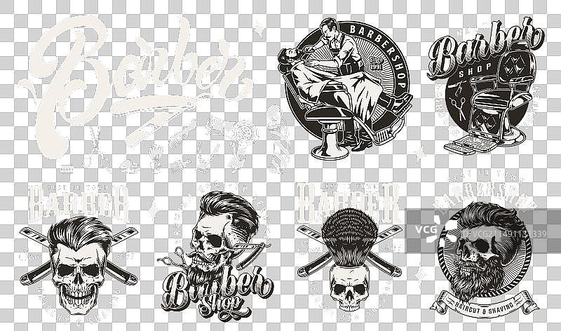 粗犷理发店单色标志套装图片素材