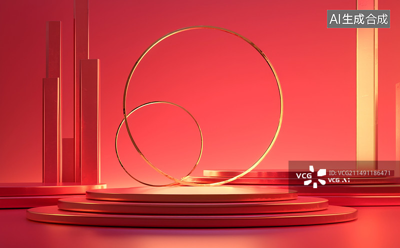 【AI数字艺术】红色喜庆灯笼大鼓展台插画图片素材