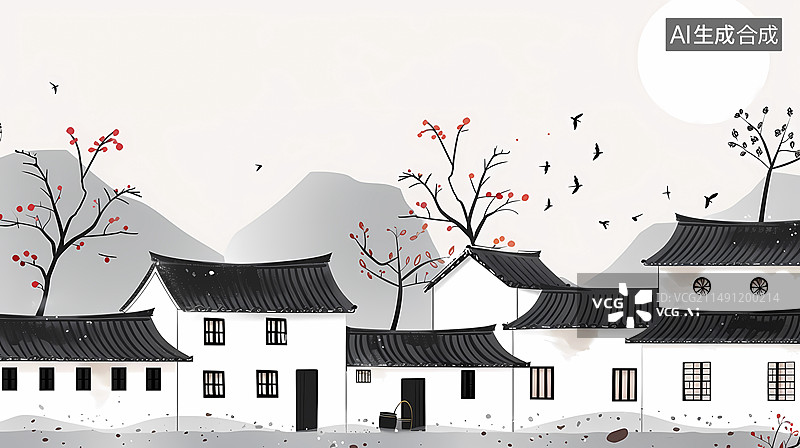 【AI数字艺术】极简水墨乡村房子插画海报背景图片素材