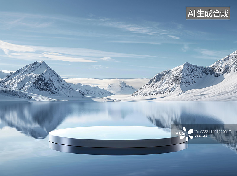 【AI数字艺术】冰川湖泊中的圆形玻璃平台图片素材