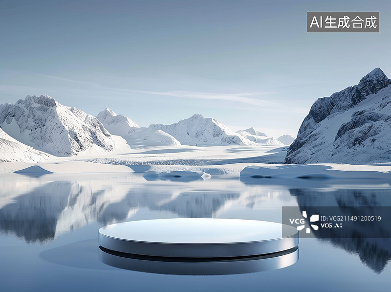 【AI数字艺术】冰川湖泊中的圆形玻璃平台图片素材