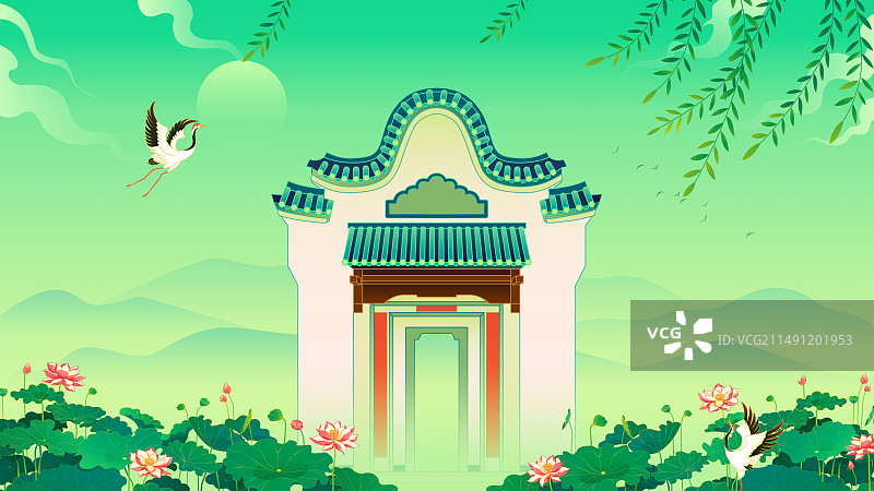 夏天荷塘湖泊广东岭南建筑山水中国风插画图片素材