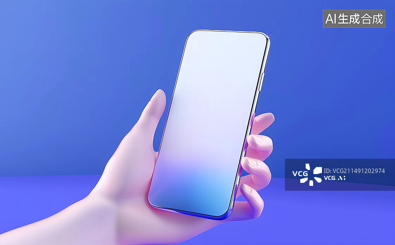 【AI数字艺术】一只手拿着空屏幕智能手机的插图，卡通手3d图标中的手机图片素材