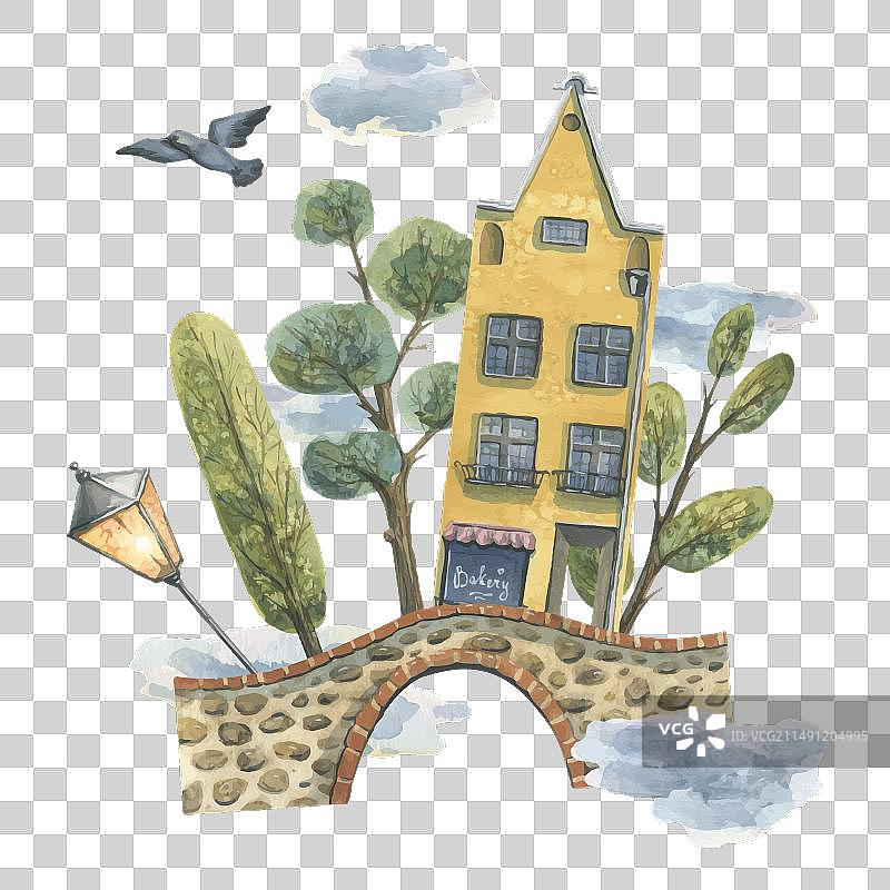 带石桥树木的黄色欧式房屋图片素材