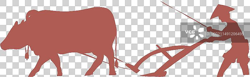 剪纸风格耕田的农民与水牛剪影元素图片素材