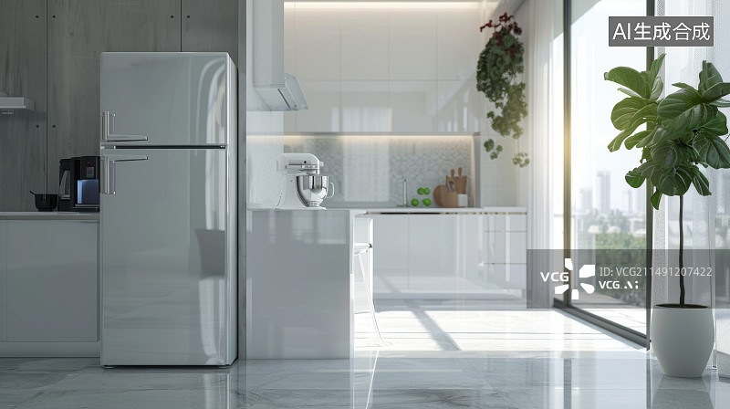 【AI数字艺术】一款白色冰箱放在现代豪华简约轻奢风格样板房开放厨房图片素材