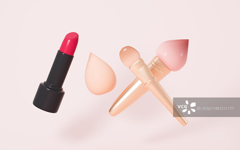 卡通口红和化妆刷3D渲染图片素材