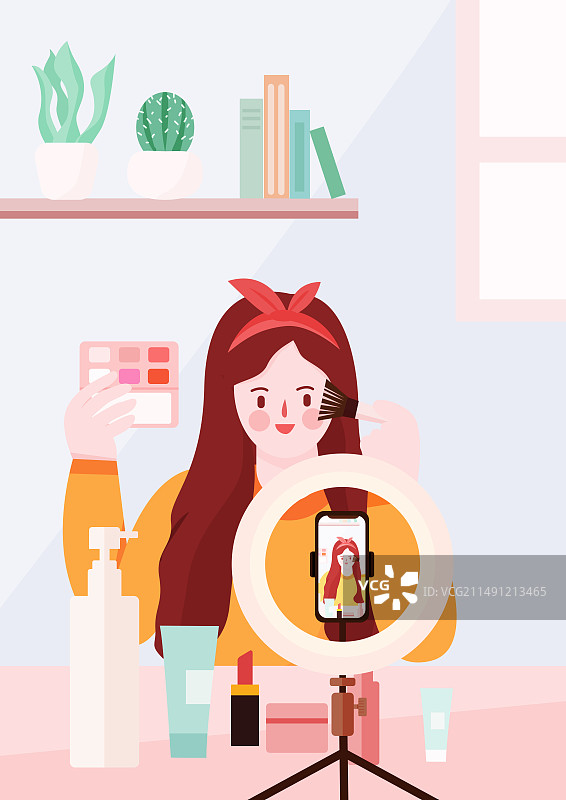 美妆主播在直播化妆扁平插画图片素材