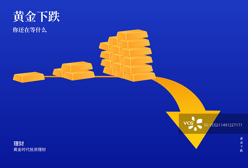 黄金价格下跌矢量插画海报设计模版，银行投资金条，投资理财金融证券箭头涨幅互联网图片素材