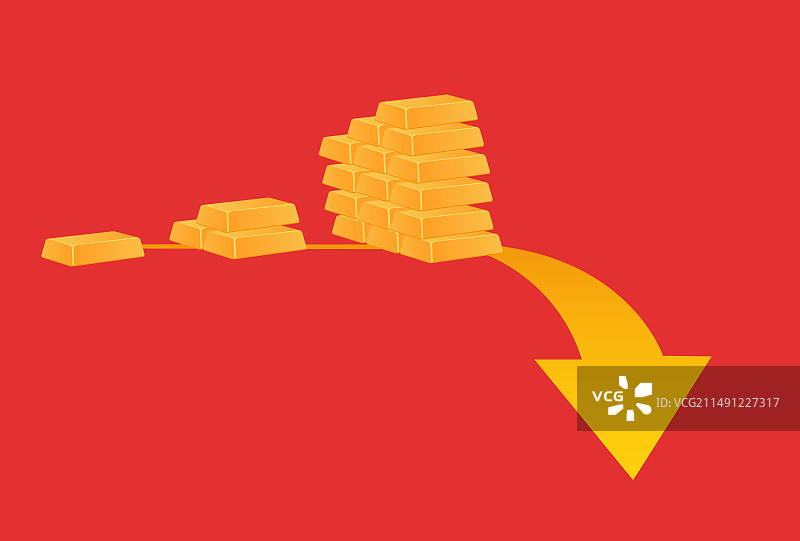 红金黄金价格下跌矢量插画，银行投资金条，投资理财金融证券箭头涨幅互联网图片素材