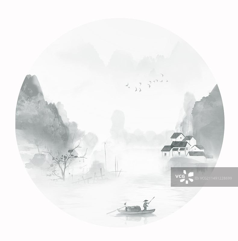 手绘中国风节气背景  意境水墨山水画图片素材