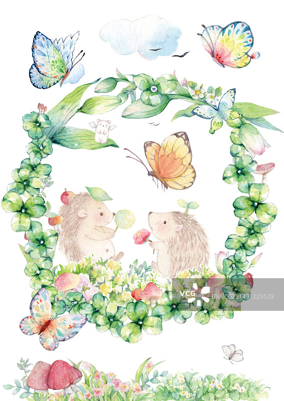 水彩手绘森林植物王国在春天万物复苏环保大自然花丛中休息的两个动物小刺猬好朋友父子兄弟卡通儿童绘本插画图片素材