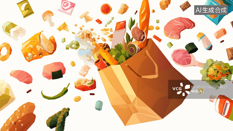 【AI数字艺术】一个购物袋里飞出很多快餐外卖甜品美食能量午餐薯条汉堡垃圾食品3d插画图片素材