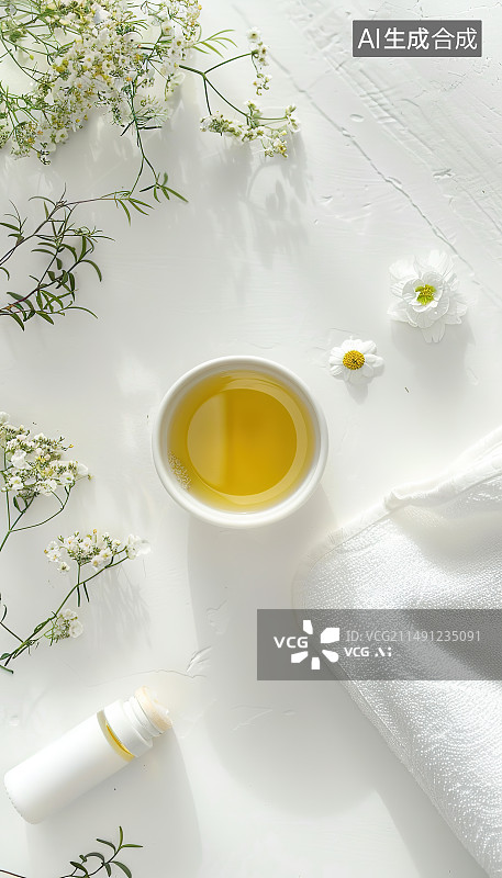 【AI数字艺术】茶杯，白色的苹果树花，桌布图片素材