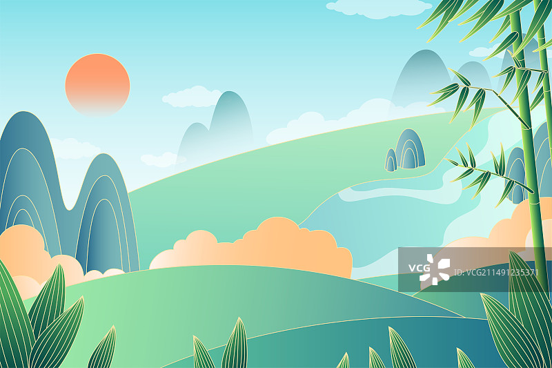 户外自然风光生态环境春天夏天国潮中国风节气插画背景夕阳照射山坡河流竹叶云彩图片素材