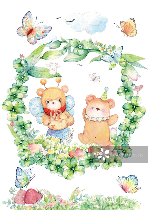 水彩手绘森林中可爱的两只泰迪熊卡通小熊快乐跳舞环保地球日护眼日儿童节天真浪漫儿童绘本插画图片素材