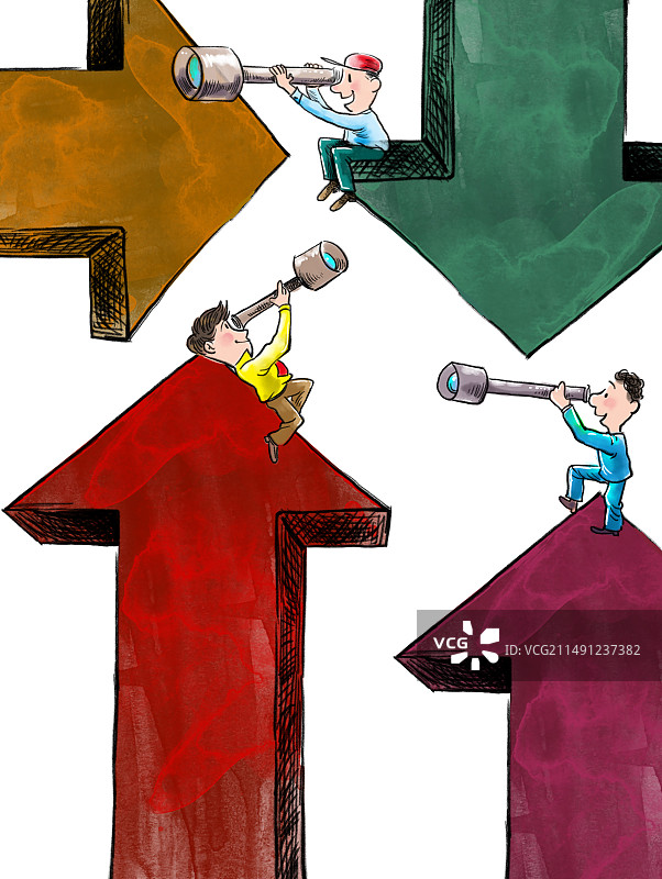 关于未来的预测，三个卡通小人在箭头上望远镜观察图片素材