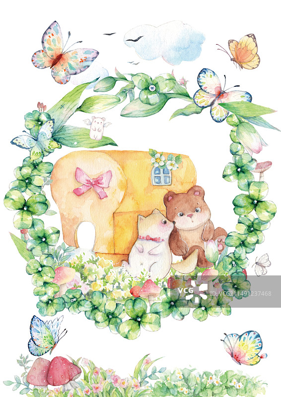 水彩卡通森林王国面包屋和可爱的萌新小动物们儿童童趣六一插画图片素材