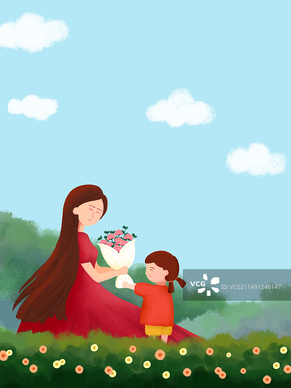 母亲节快乐插画春花园里一位小女孩送给妈妈一束粉色康乃馨图片素材