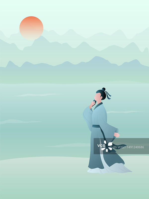 一位身穿传统服装的中国老人在河岸欣赏夕阳和山水风景抚摸胡须沉思中国风插画背景图片素材