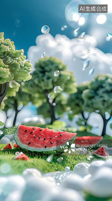 【AI数字艺术】玻璃质感的西瓜地，传统节气概念场景图片素材