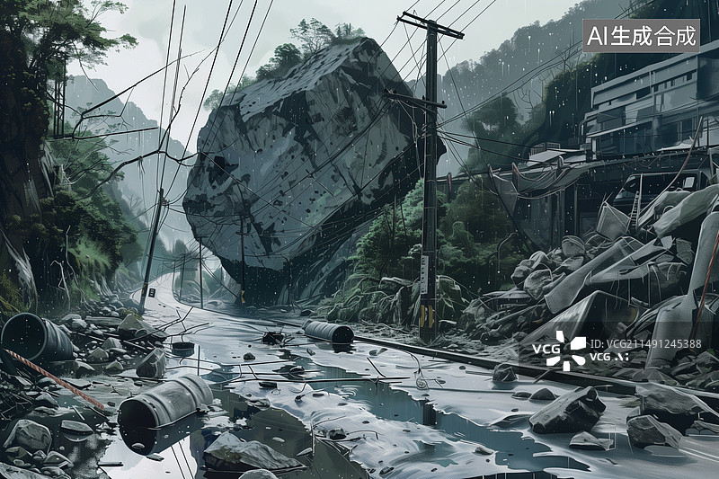 【AI数字艺术】地震泥石流的巨大岩石砸坏山间公路图片素材