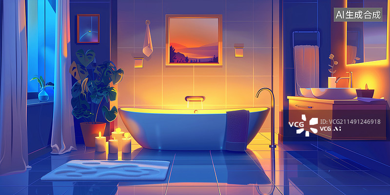 【AI数字艺术】夜晚点燃烛光的现代浴室浴缸插画图片素材