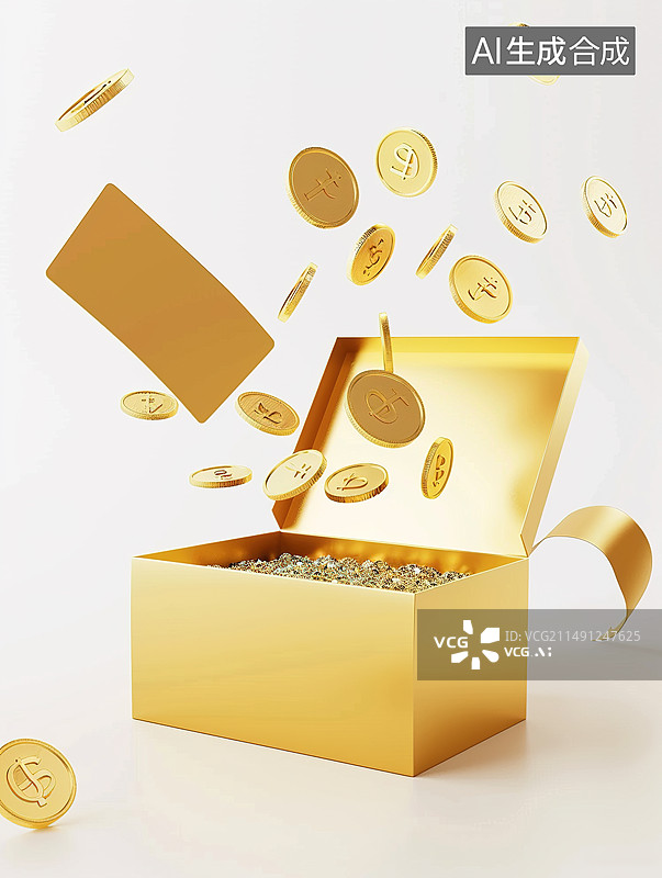 【AI数字艺术】一个金色的礼物盒打卡里面有会员卡、金币图片素材