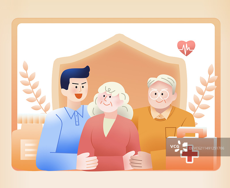 儿子保护父母半身像正面老年人体检医疗保险保险保障橙色插画图片素材