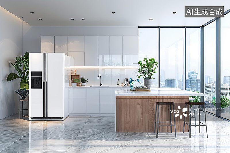 【AI数字艺术】现代宽敞明亮开放式厨房白色冰箱图片素材