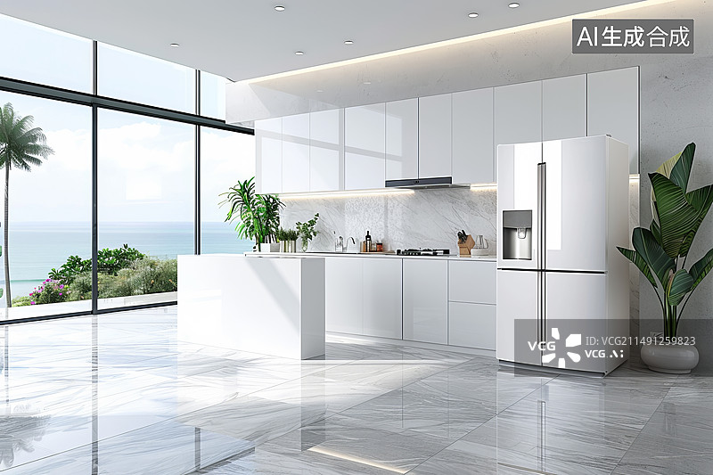 【AI数字艺术】现代宽敞明亮开放式厨房白色冰箱图片素材