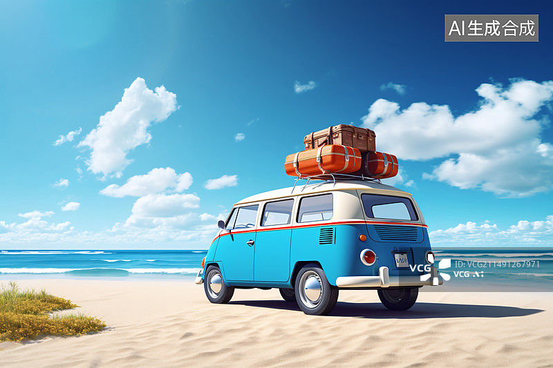 【AI数字艺术】夏天开车自驾旅游插图，五一劳动节放假出行概念背景图图片素材