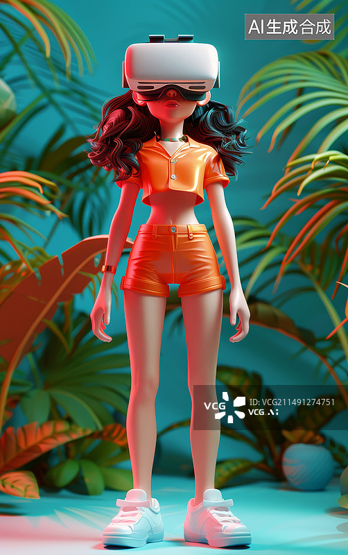 【AI数字艺术】戴虚拟现实眼镜的三维卡通女孩插画图片素材