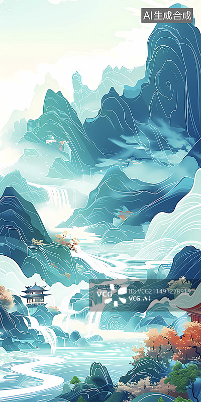 【AI数字艺术】国风中式山水画图片素材
