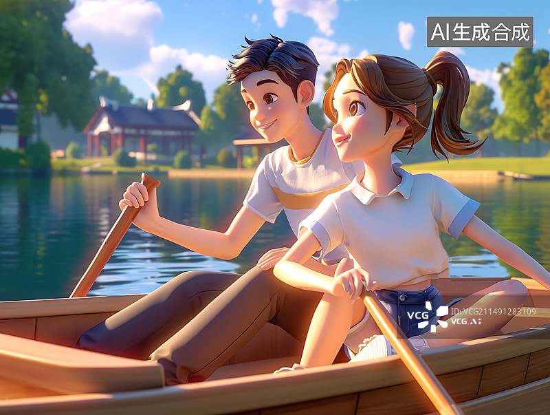 【AI数字艺术】假期出游一对情侣在公园的湖上划船图片素材