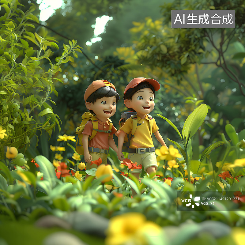 【AI数字艺术】一个男孩一个女孩在森林花丛中旅行徒步图片素材