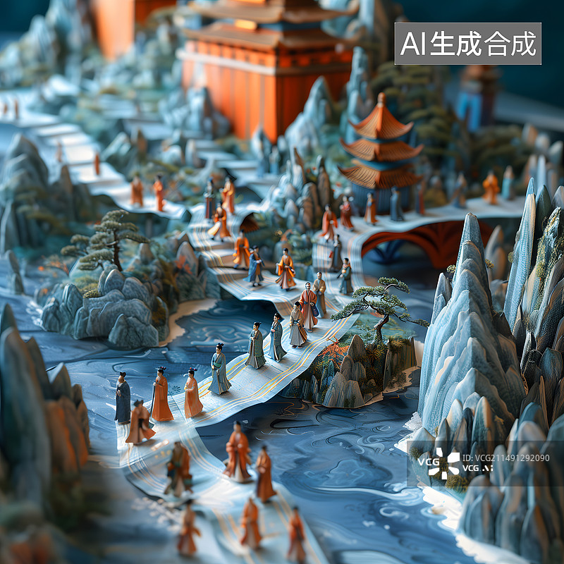 【AI数字艺术】微缩景观下的中国风格山水图片素材