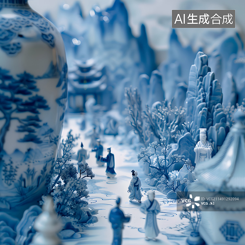 【AI数字艺术】青花瓷微缩景观图片素材