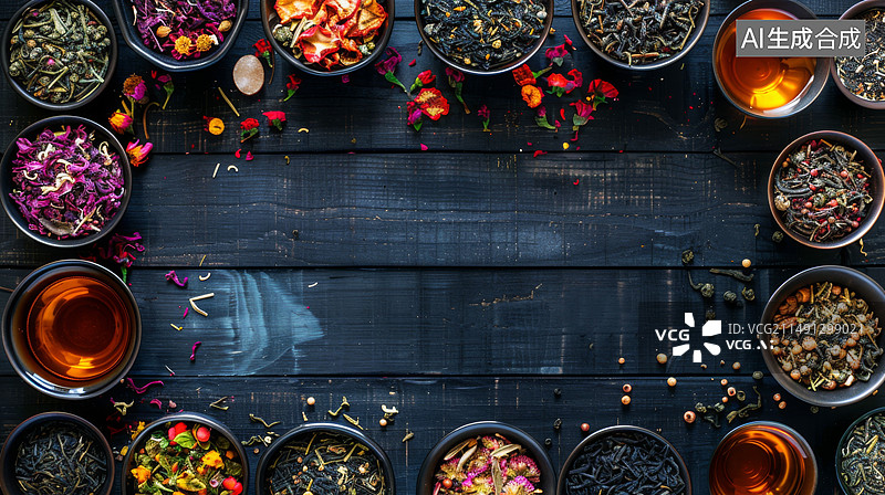 【AI数字艺术】在黑色木制桌子上放着各种茶叶跟茶的顶视图茶文化行业留白广告板图片素材