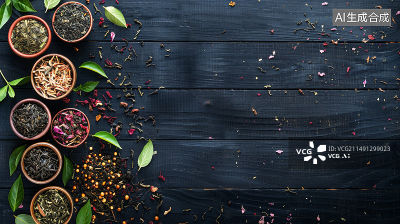 【AI数字艺术】在黑色木制桌子上放着各种茶叶跟茶的顶视图茶文化行业留白广告板图片素材