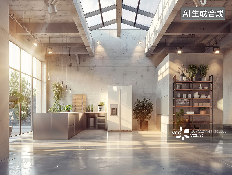 【AI数字艺术】现代厨房中间有个冰箱图片素材